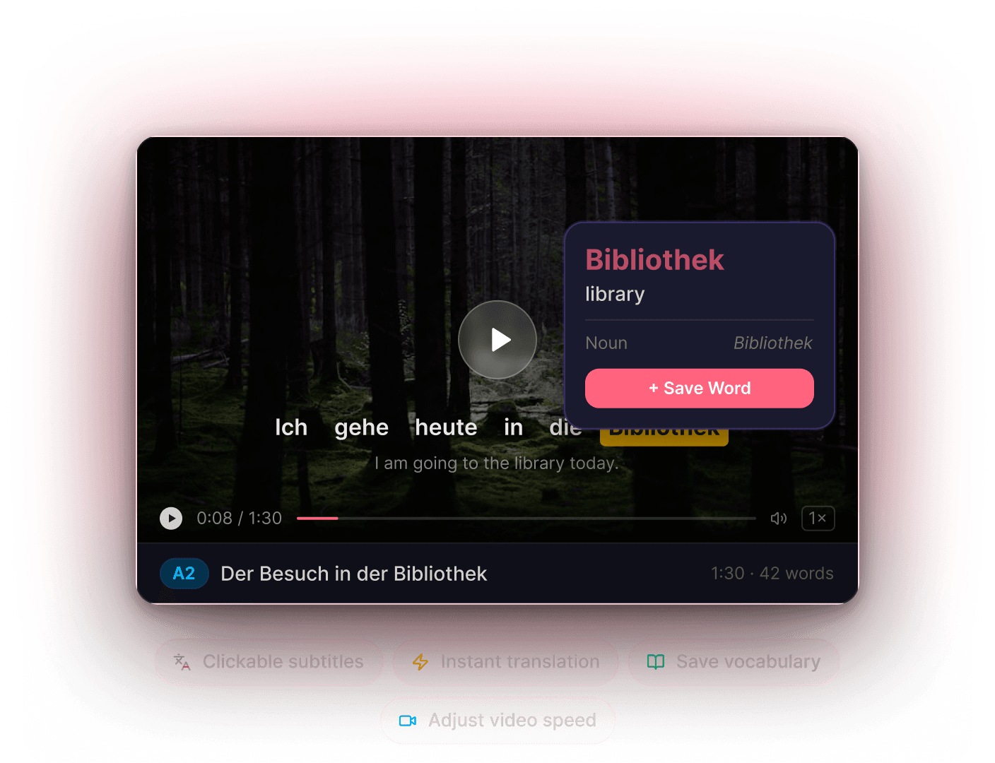 Xlang video player with interactive subtitles